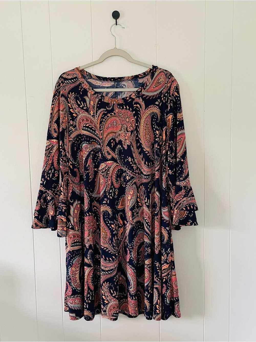 Women's Navy Paisley Swing Dress with Bell Sleeves